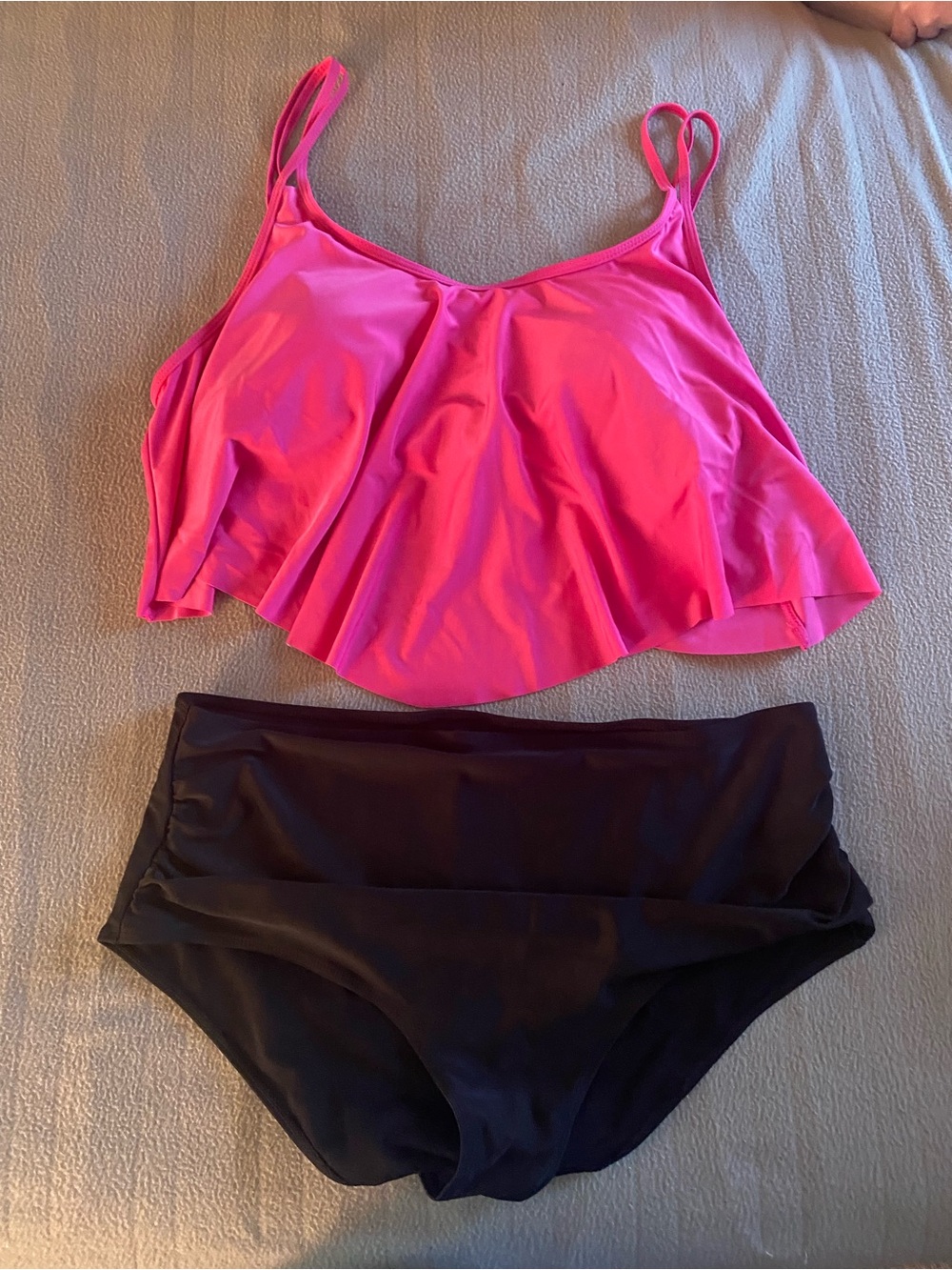 SHEIN Hot Pink & Black Two-Piece Flounce Swim Set